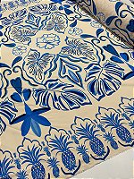 Viscose Digital Nacional Barrado Com Fundo Bege e Floral Azul