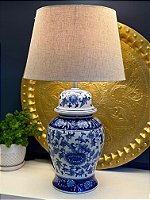 Abajur - Cerâmica - Azul e Branco - Com Cúpula