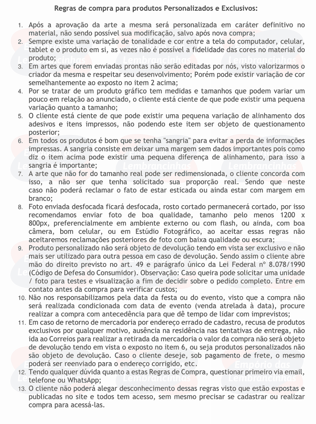 Regras de Compras - Produtos personalizados