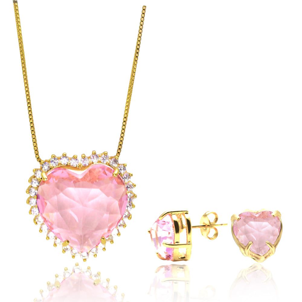 Conjunto colar e brinco de coração pedra rosa cravejada em zircônia ba -  Débora Martinez Semijoias -As melhores jóias você encontra aqui.