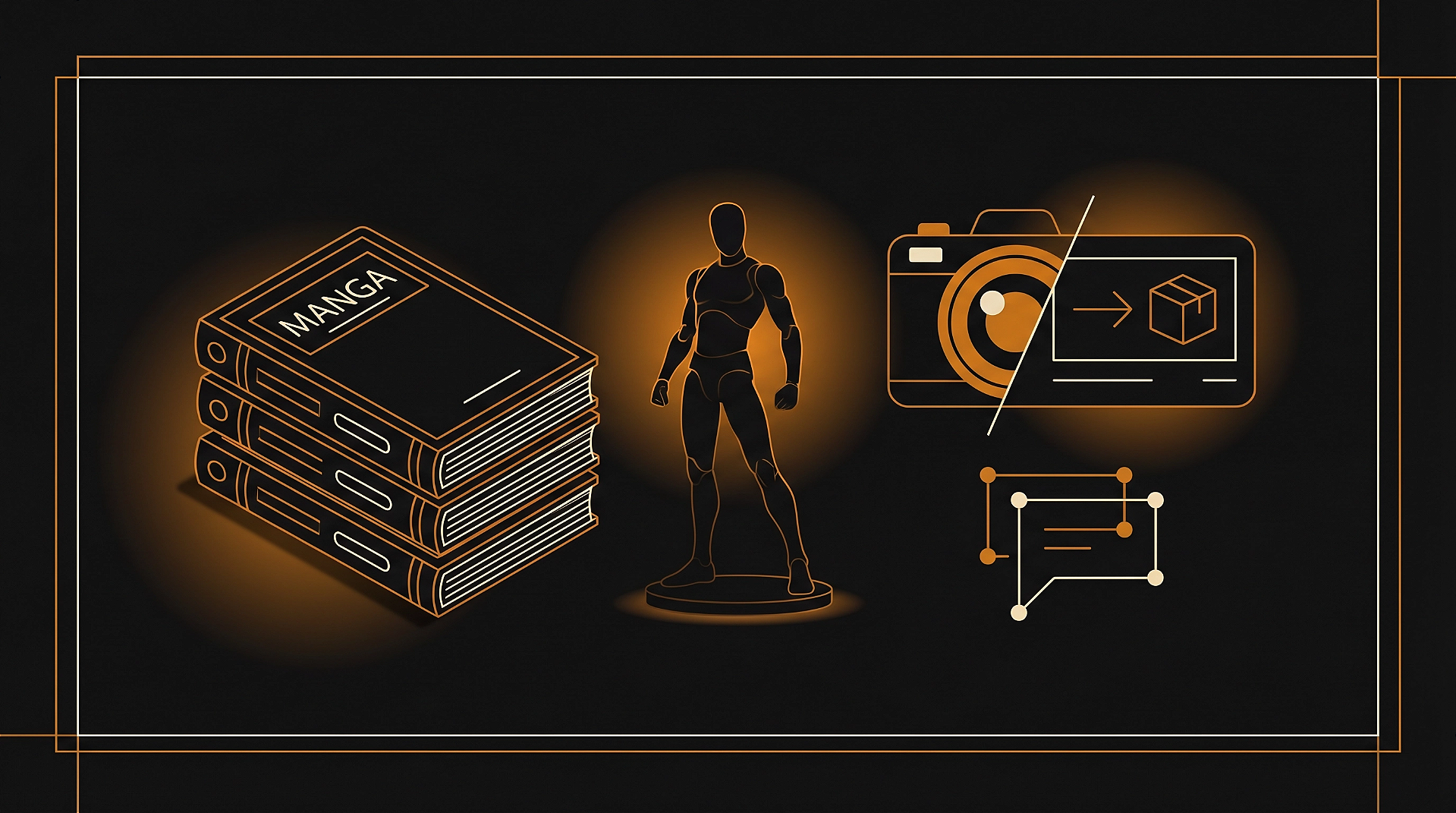 Ilustração minimalista com mangás, action figure e processo de envio