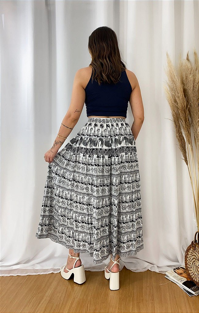 Saia Longa Estampa Elefante Moda Boho Chic Branca Luxo Estilo