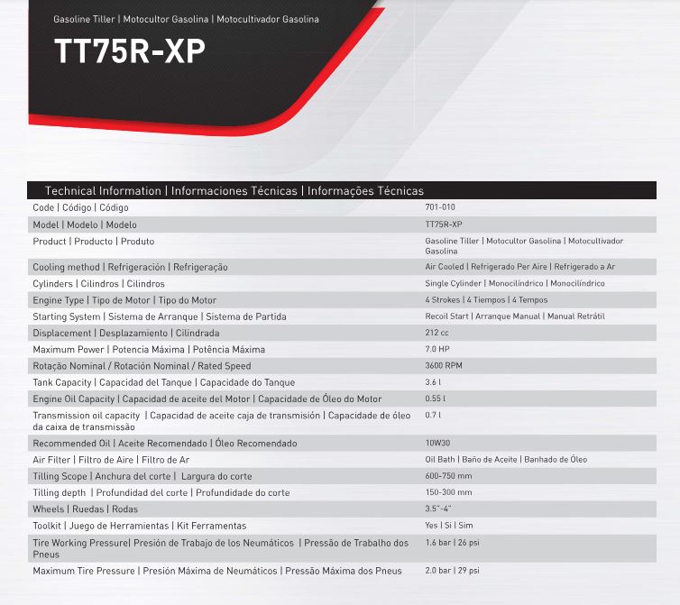 Motocultivador Gas Toyama Tt75r-xp C/ Rodas e Enxadas de 75cm Part