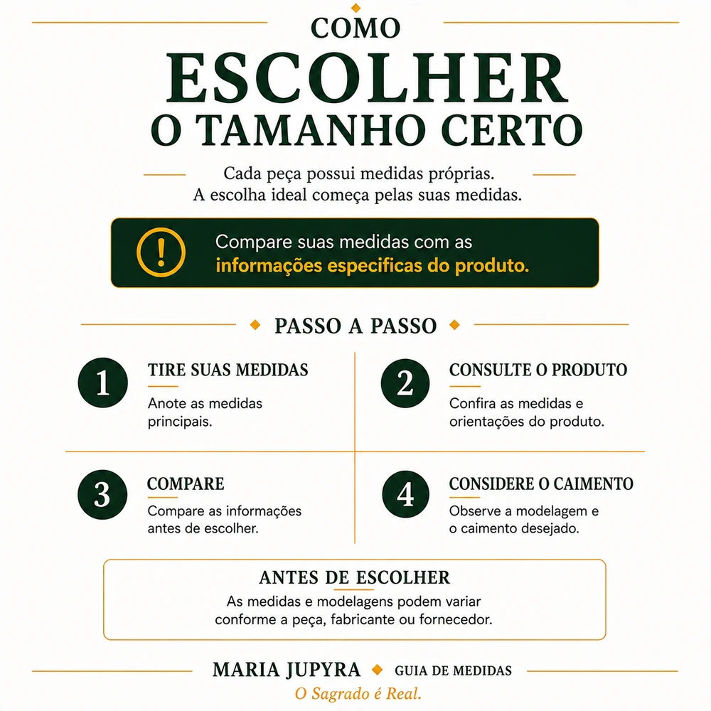 Passo a passo para escolher o tamanho comparando medidas e informações do produto