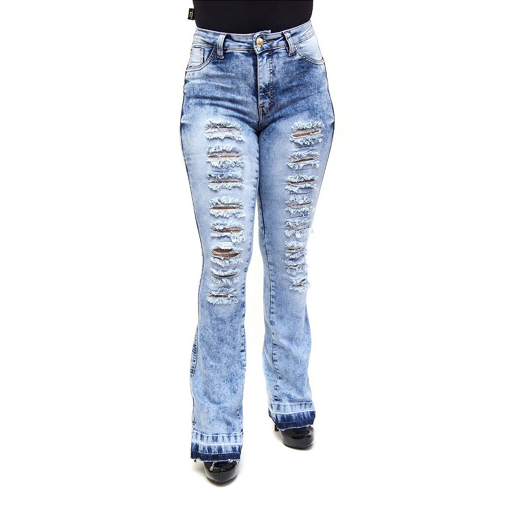 calça jeans flare rasgadinha