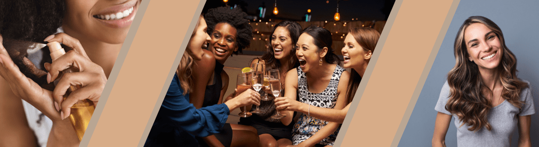 Mulher aplicando leave-in nos cabelos. Mulheres festejando alegres. Mulheres sorrindo.
