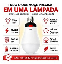LÂMPADA LED DE EMERGÊNCIA 15W duração de até 12H RECARREGÁVEL