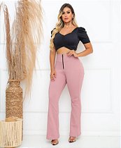 Calça Flare com Zíper e Bolsos Rosa