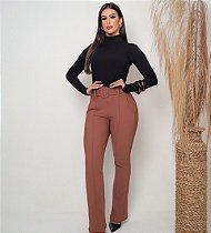 Calça Flare Malha Pop com Cinto Cáqui Escuro