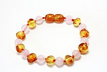 Pulseira Ambar Mel com Quartzo Rosa 16cm