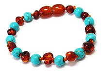 PULSEIRA / TORNOZELEIRA DE AMBAR CONHAQUE COM TURQUESA 14CM