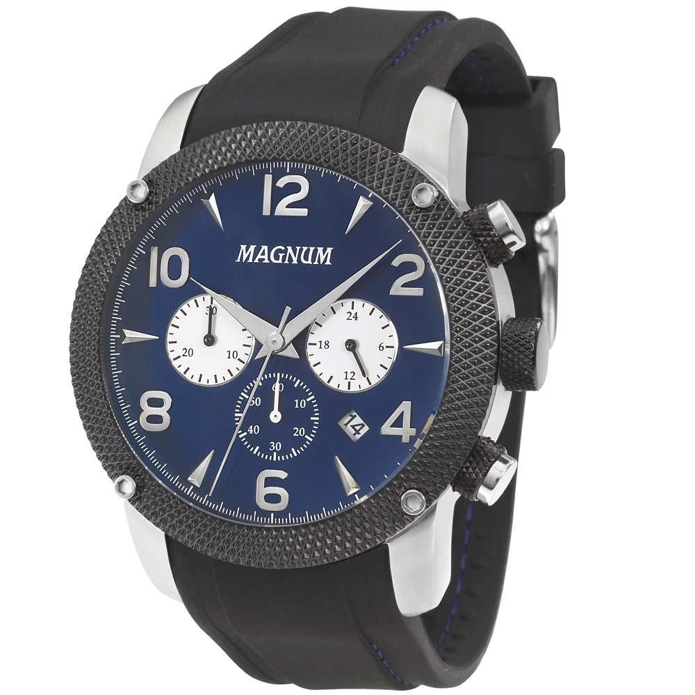 Relogio magnum prata masculino azul cronografo