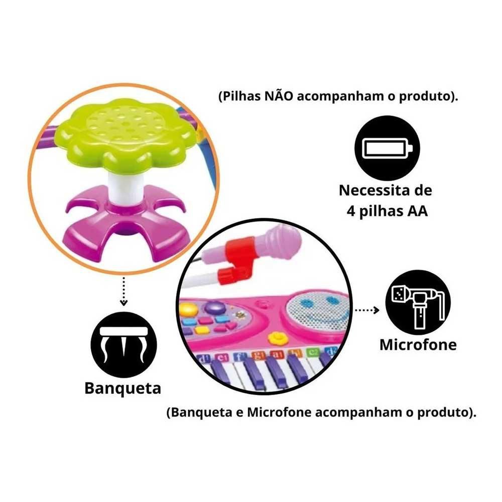 Piano Teclado Infantil com Microfone e Suporte Banquinho Importway