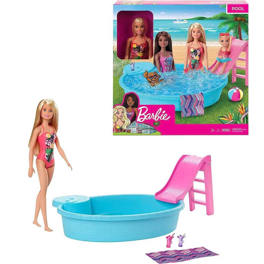 Barbie Boneca, loira de 11,5 polegadas, jogo de piscina com escorregad