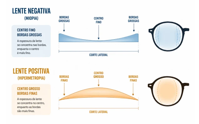 Comparação entre lente negativa com centro fino e bordas grossas e lente positiva com centro grosso e bordas finas