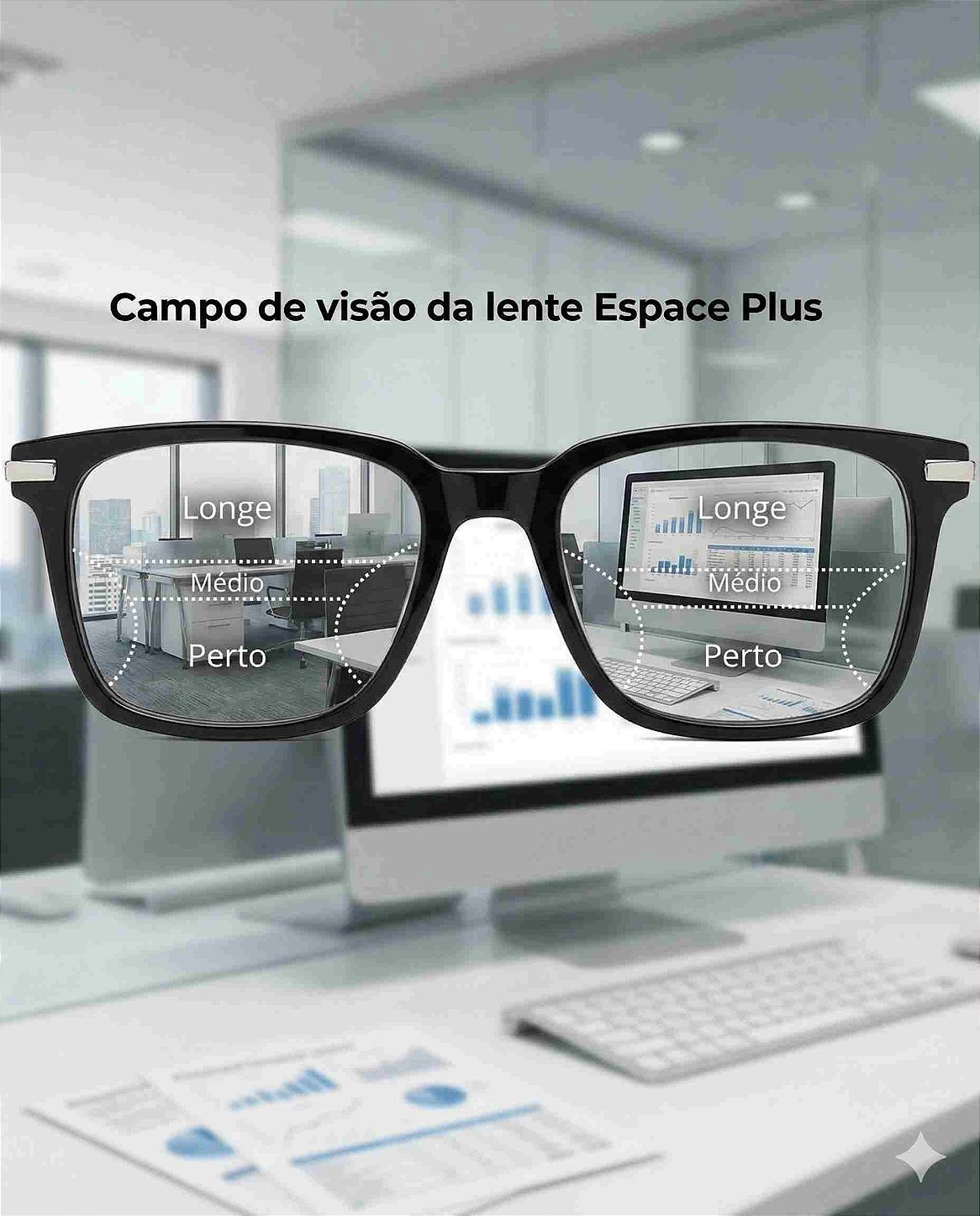 Diagrama ilustrando os campos de visão da lente multifocal Espace Plus