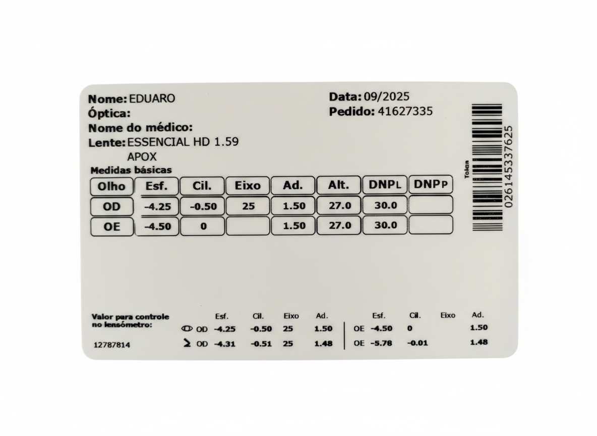 lado de trás do certificado de garantia e autenticidade das lentes digitais Essencial HD