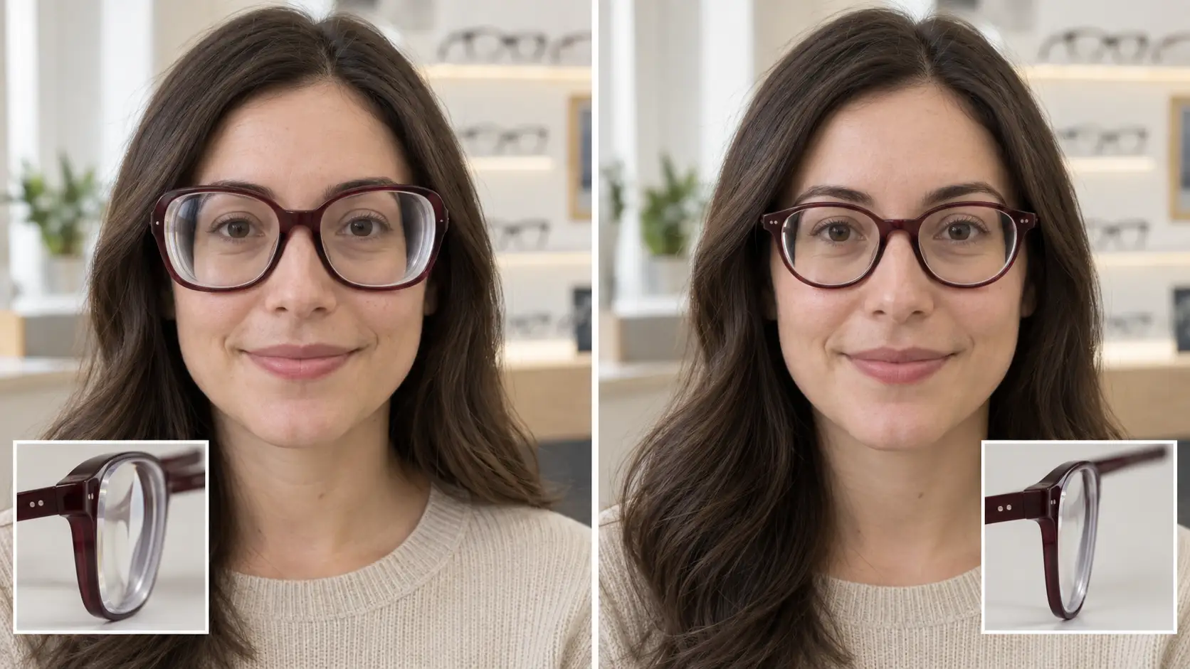 Comparação entre lentes mais grossas em uma armação grande, à esquerda, e lentes mais discretas em uma armação menor, à direita