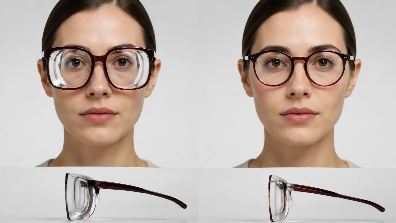 Comparação  entre armação grande com bordas mais espessas e armação compacta com lentes mais finas e estética mais agradável