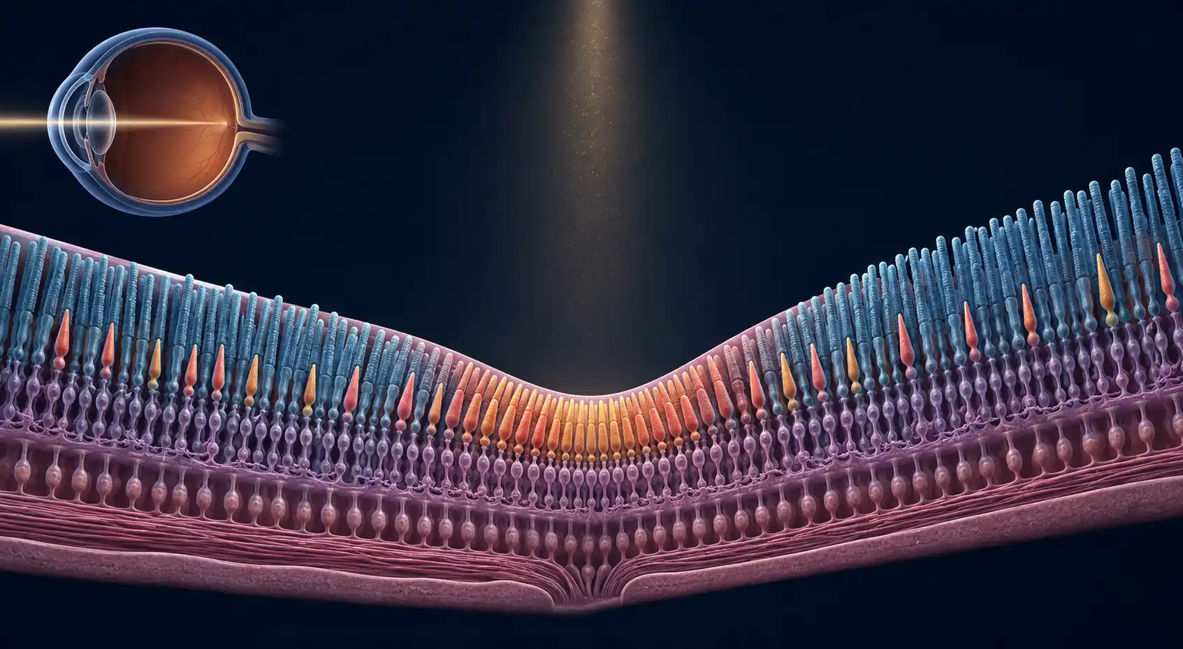 Distribuição dos cones na fóvea e dos bastonetes nas regiões ao redor da retina