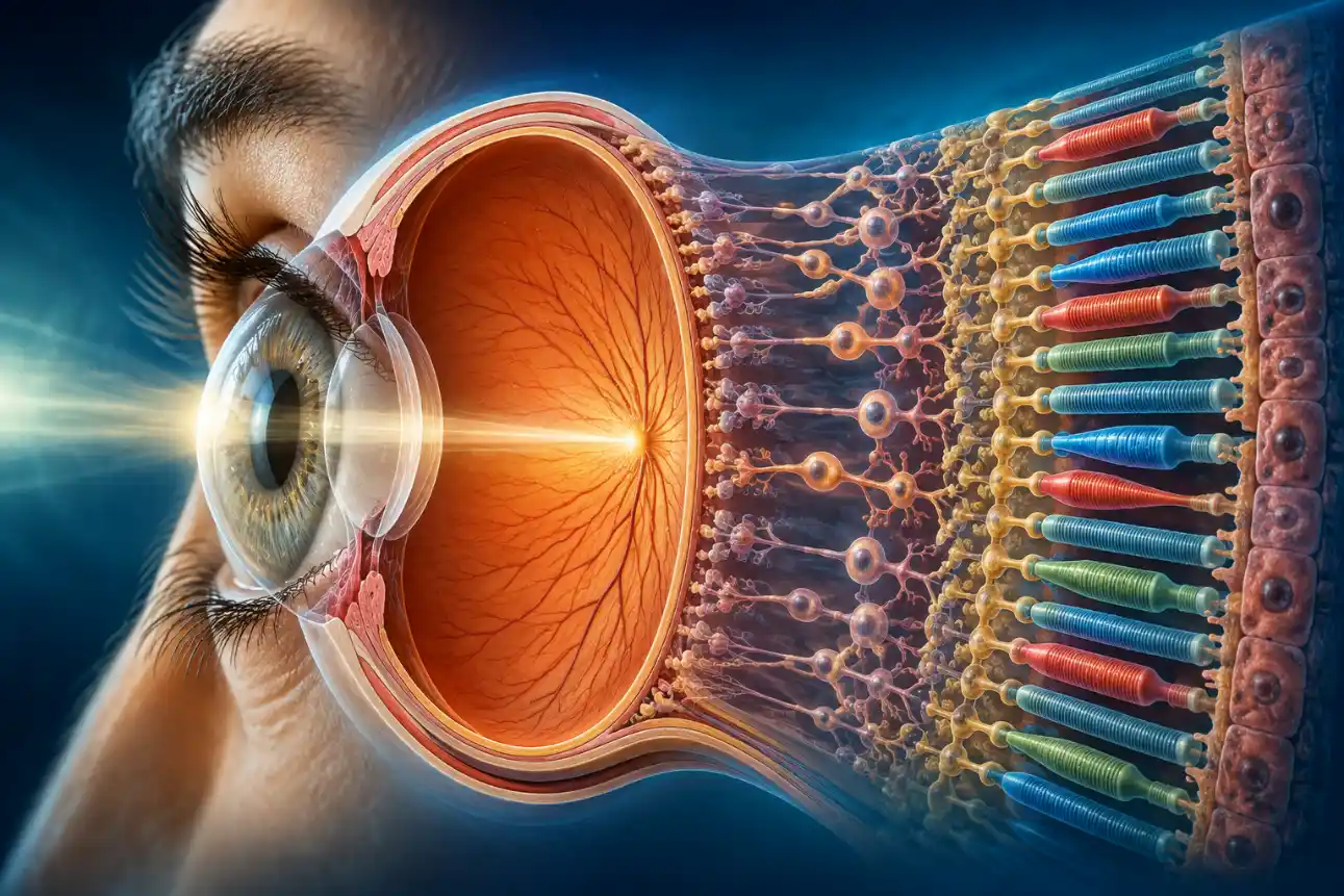 Ilustração do olho humano com a retina, os cones e os bastonetes