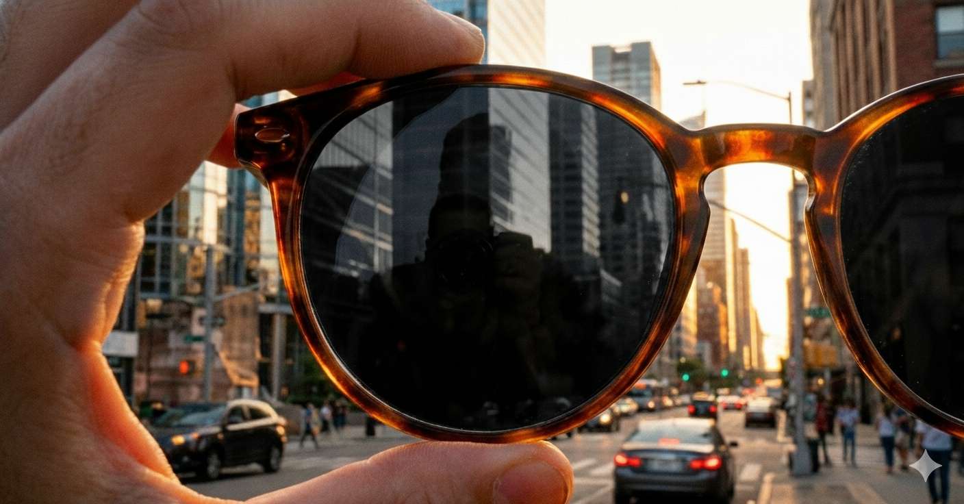 Lente fotossensível em óculos redondo escurecendo ao sol