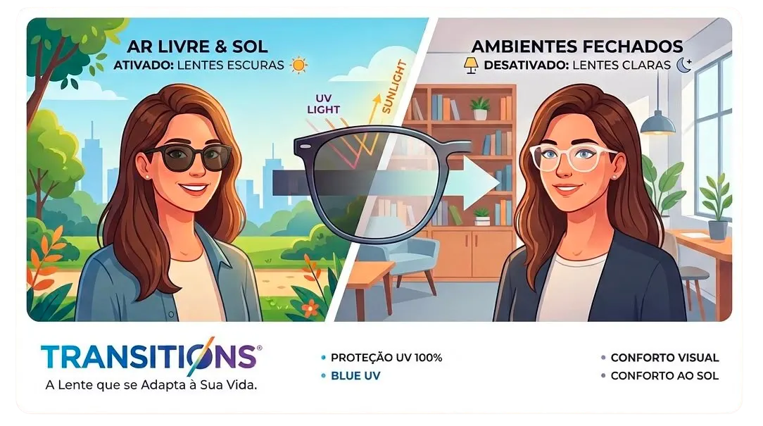 ilustração de como funcionam as lentes Transitions - Óculos Vine