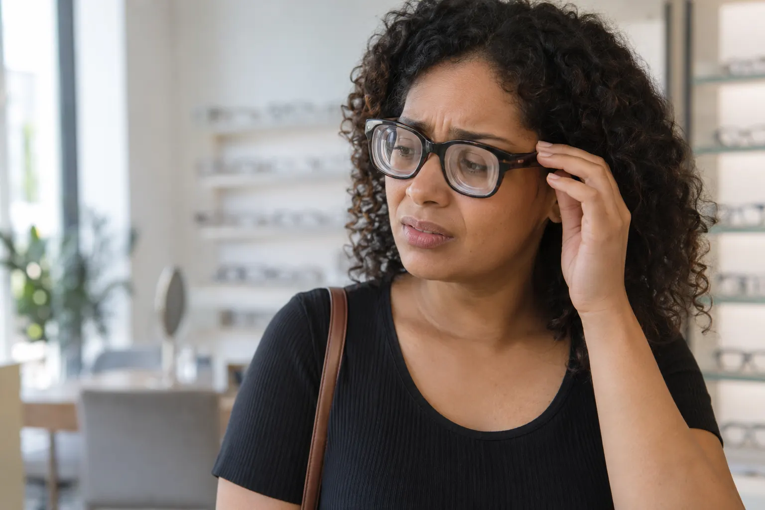 Mulher usando óculos com aspecto fundo de garrafa e demonstrando desconforto
