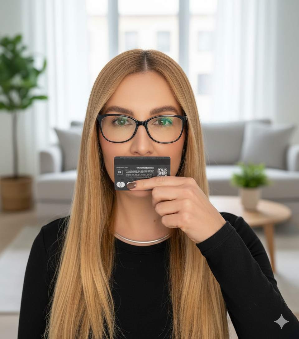 Mulher segurando cartão na altura do rosto para ser tirada a foto para DNP online