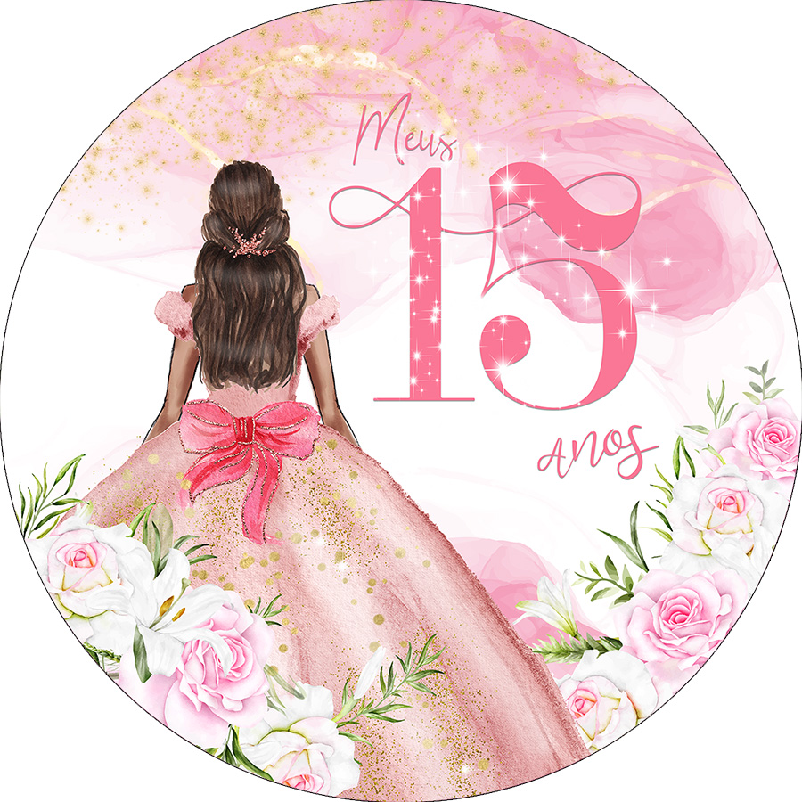 Painel De Festa Redondo 1,50x1,50 Meus 15 Anos Princesa Rosa 164