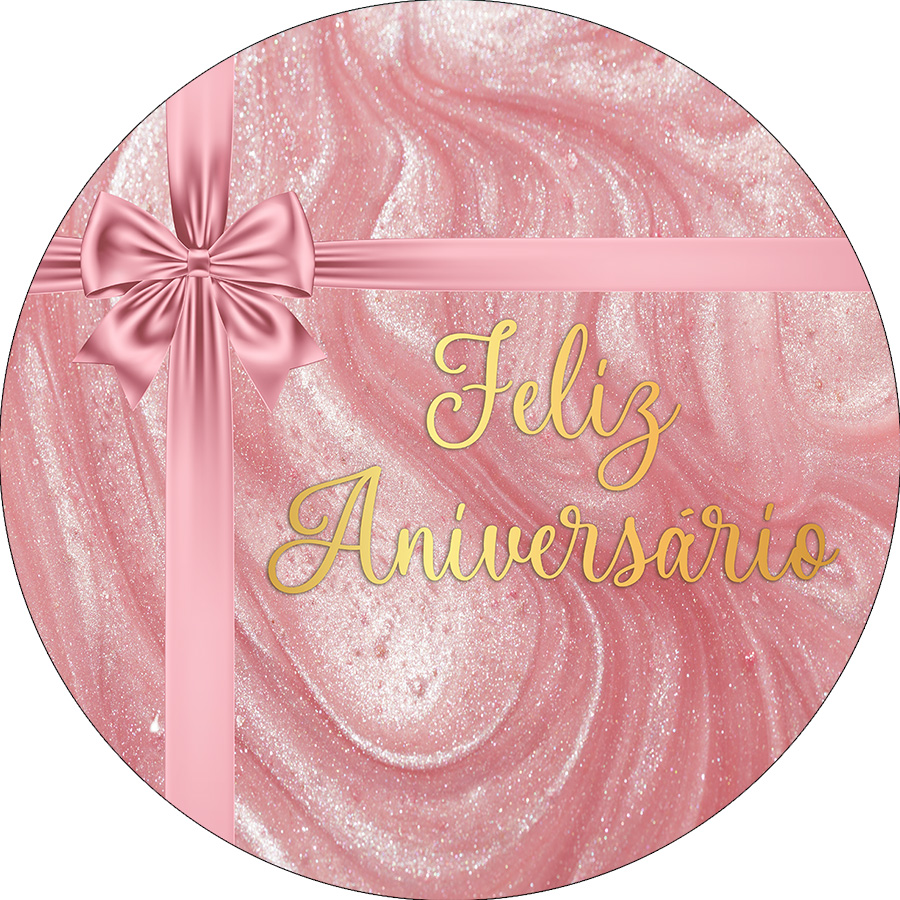 Painel De Festa Redondo 1,50x1,50 Feliz Aniversário Efeito Rosa