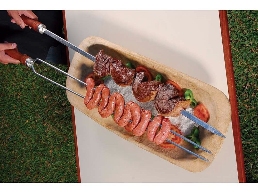 2 Espetos Duplos Inox 60cm - Cabo Revestido Alumínio