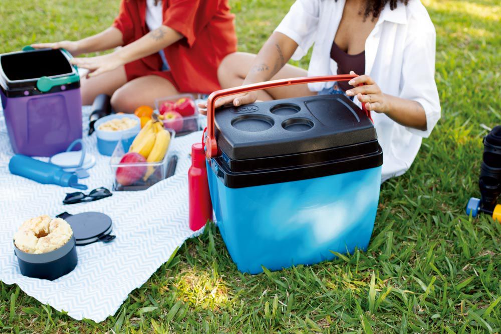 Caixa térmica 34L Azul com Laranja Mor 50 Latas Cooler Alça - Mec