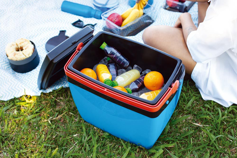 Caixa térmica 34L Azul com Laranja Mor 50 Latas Cooler Alça - Mec
