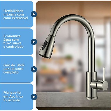 Torneira Gourmet Monocomando Pull Down Jato Duplo Aço Inox para