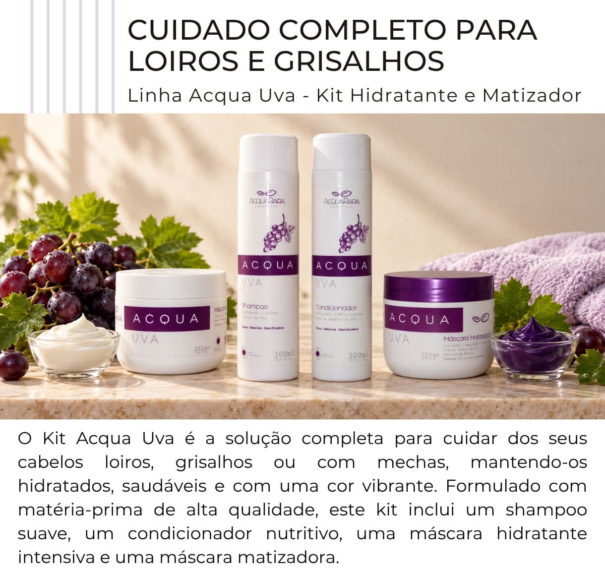 Kit Acqua Uva Hidratante e Matizador com shampoo, condicionador e duas máscaras para loiros e grisalhos