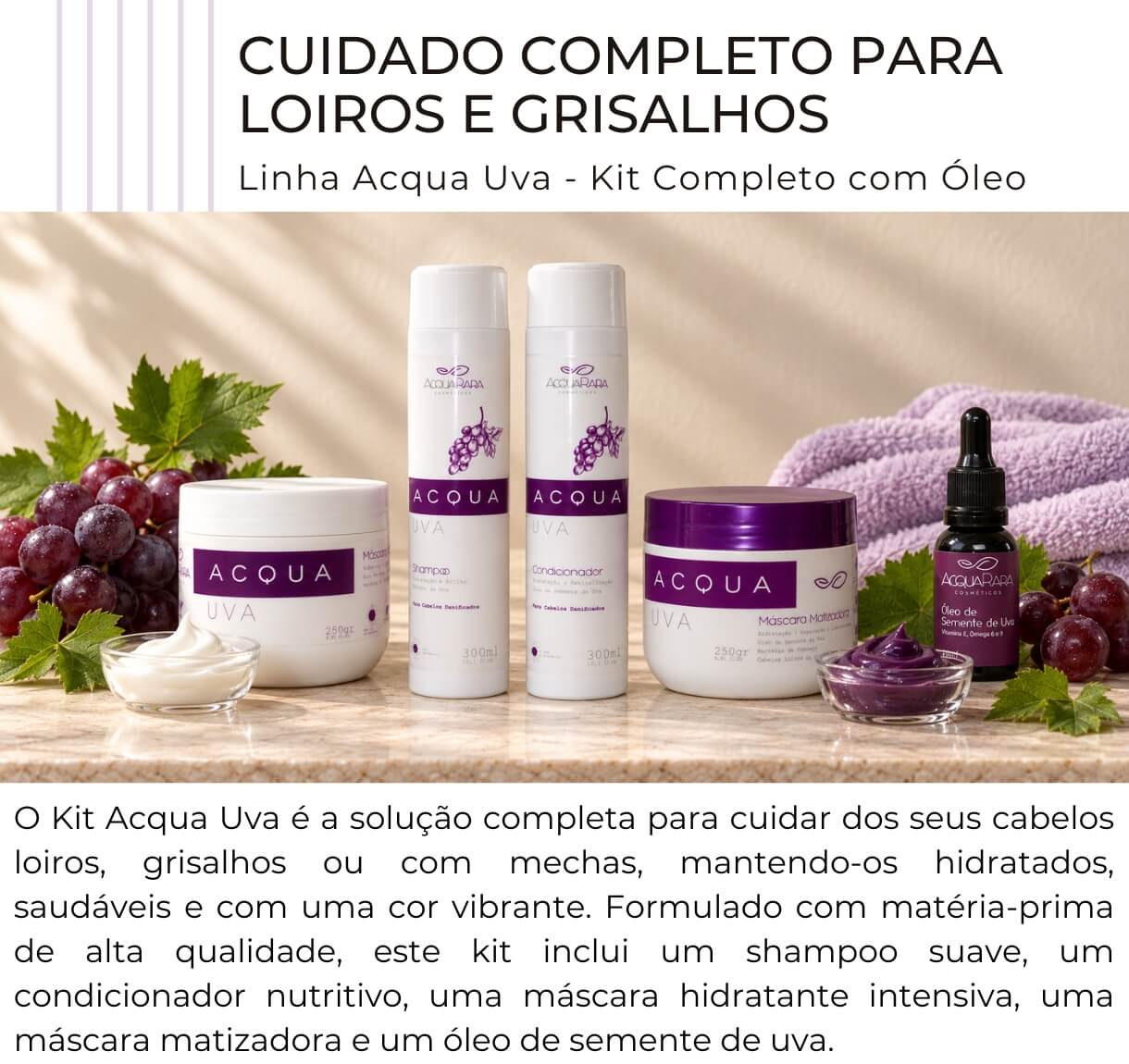 Kit Acqua Uva com shampoo, condicionador, máscara hidratante, máscara matizadora e óleo de semente de uva