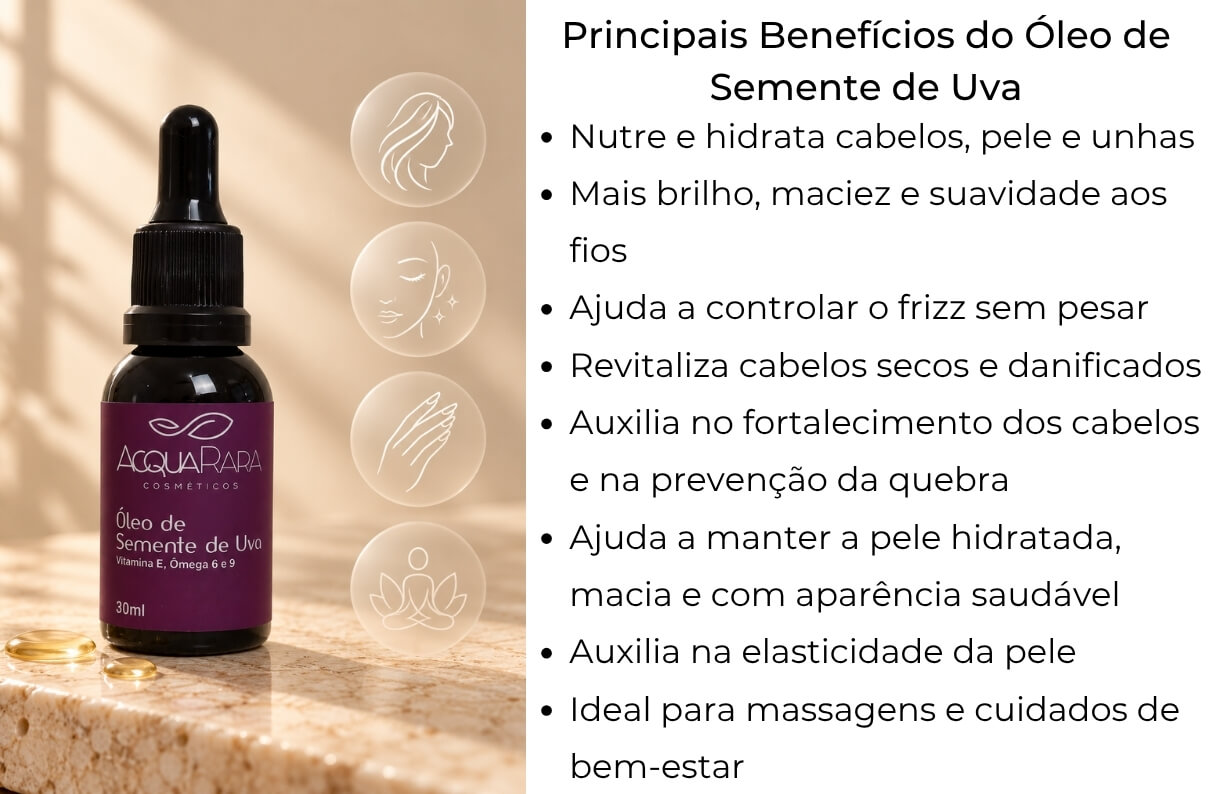 Benefícios do óleo de semente de uva para cabelos, pele, unhas e massagens