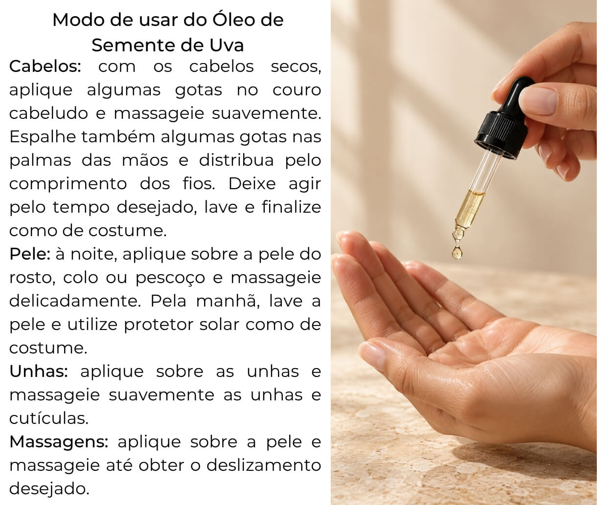 Modo de usar o óleo de semente de uva nos cabelos, na pele, nas unhas e em massagens