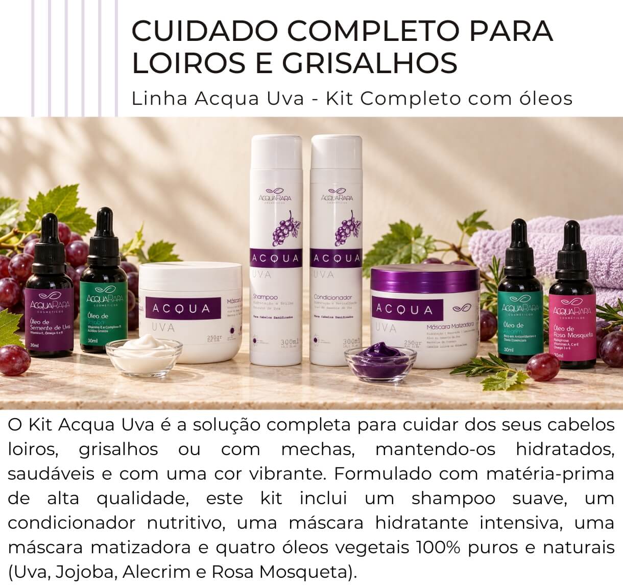 Kit Acqua Uva com shampoo, condicionador, duas máscaras e óleos de semente de uva, jojoba, alecrim e rosa mosqueta rubiginosa