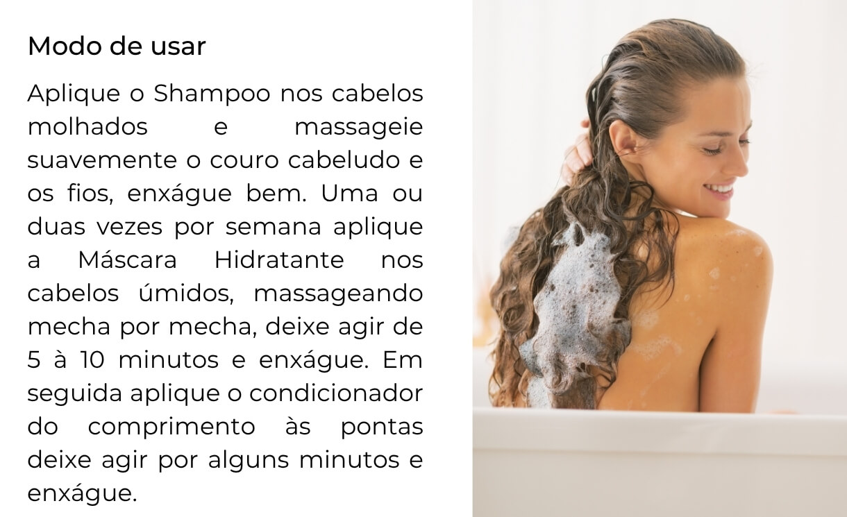 Modo de usar o shampoo, a máscara hidratante e o condicionador Acqua Uva