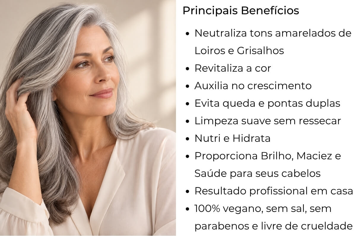 Principais benefícios do Kit Acqua Uva Matizador, ao lado de uma mulher de cabelos grisalhos