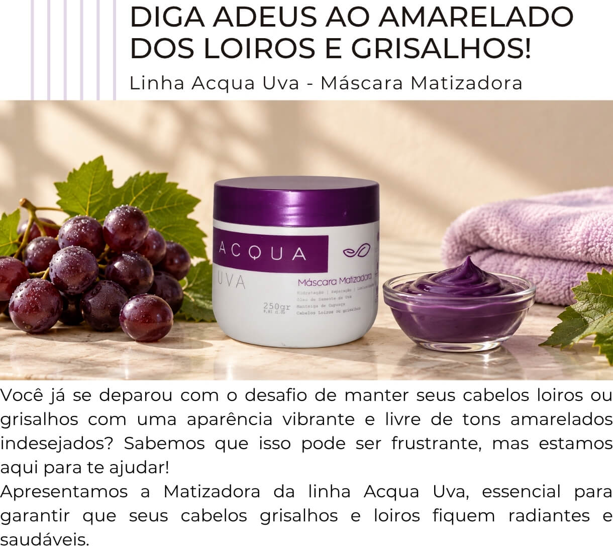 Máscara Matizadora Acqua Uva para cabelos loiros e grisalhos, com embalagem e creme violeta
