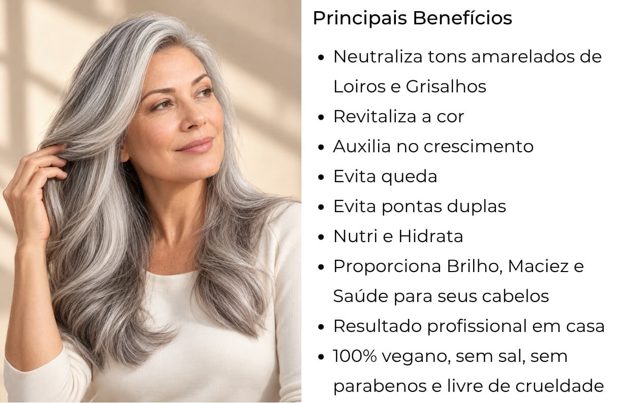 Principais benefícios da Máscara Matizadora Acqua Uva, ao lado de uma mulher de cabelos grisalhos