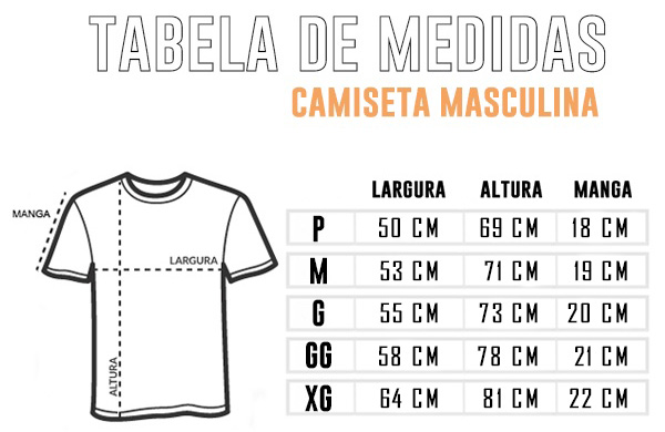 Tabela de medidas das camisetas