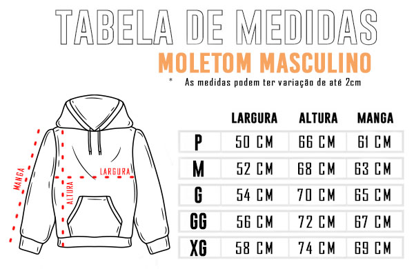 Tabela de medidas dos moletons