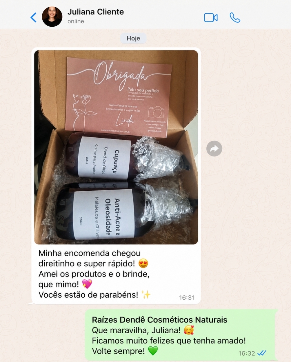 Opinião de cliente da Raízes Dendê