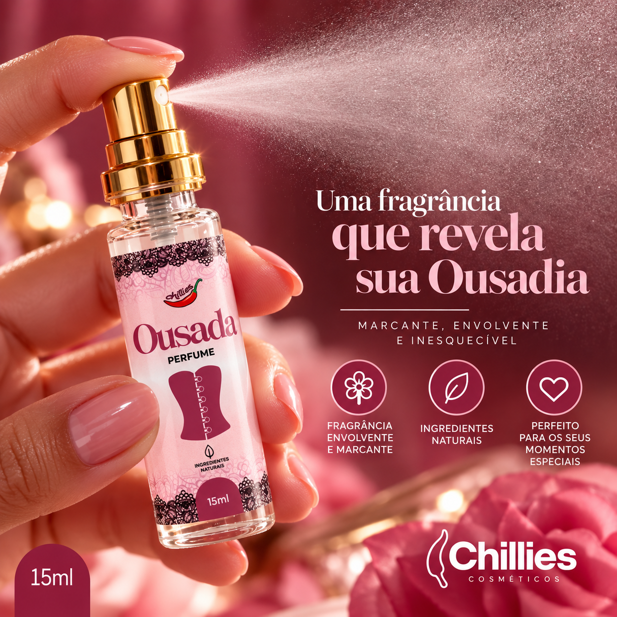 Perfume Ousada Chillies 15ml Perfume Ousada Chillies 15ml com spray em névoa fina e fragrância envolvente