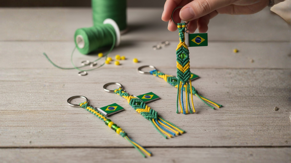 Chaveiros em Macramê ou Miçangas com Mini Bandeira do Brasil