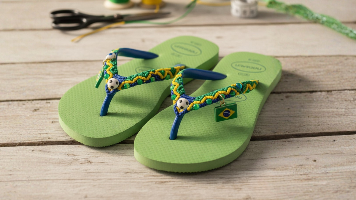Chinelos Customizados com Macramê nas Cores do Brasil